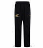 The Montgomery Yellowhammers Tempo+ 32″ Trackpant by EMB Canterbury features black athletic poly fabric, an elastic waistband, a gold feather and “Yellowhammer Rugby” logo on the left thigh, and adjustable cords at the ankles—making it the perfect choice for official Montgomery Yellowhammers track pant gear.