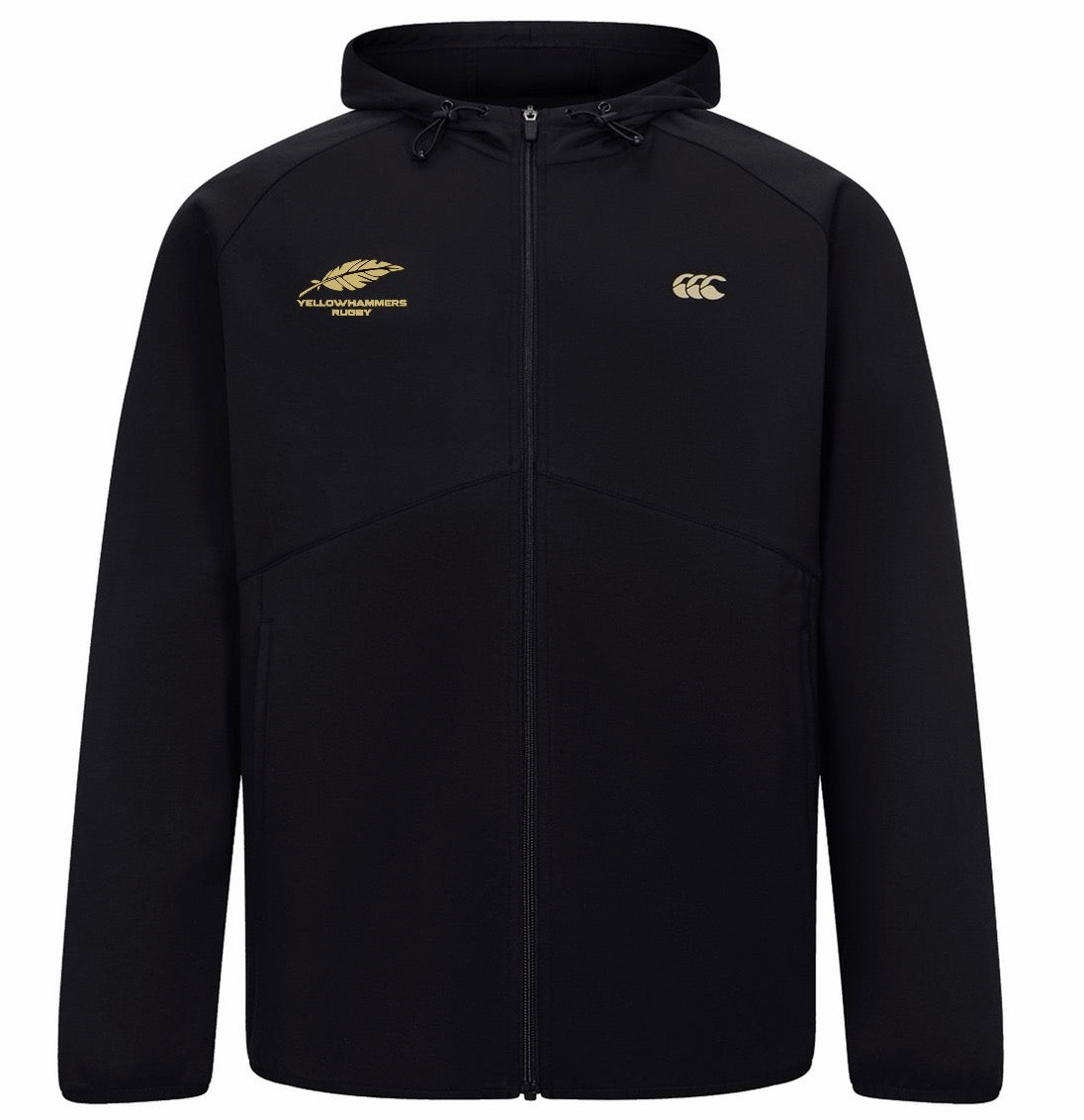 The Montgomery Yellowhammers Tempo+ Full Zip Hoodie by EMB Canterbury is a black zip-up rugby hoodie featuring gold ‘Yellowhammer Rugby’ text and logo on the left chest, along with a gold Canterbury logo on the right chest. This hoodie blends comfort and style, making it ideal for both game days and everyday wear.