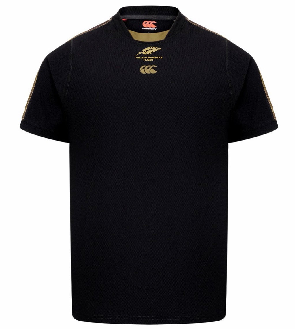 The Montgomery Yellowhammers Tempo + Drill Top by EMB Canterbury is a black short-sleeve rugby training shirt with gold stitching, featuring a yellow Springbok logo and the CCC logo on the chest. Designed for performance, it provides moisture-wicking comfort during intense sessions.