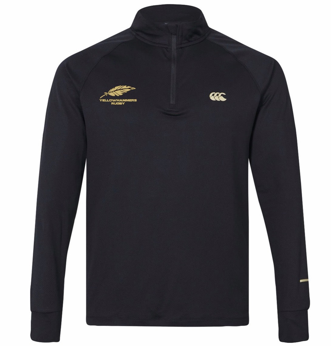Introducing the Montgomery Yellowhammers Tempo+ 1/4 Zip Training Top by EMB Canterbury—a black, long-sleeve training top featuring a yellow “Yellowhammers Rugby” and crest on the left chest, complemented by a white Canterbury logo on the right chest. Perfect for your rugby training sessions.