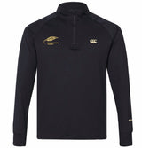 Introducing the Montgomery Yellowhammers Tempo+ 1/4 Zip Training Top by EMB Canterbury—a black, long-sleeve training top featuring a yellow “Yellowhammers Rugby” and crest on the left chest, complemented by a white Canterbury logo on the right chest. Perfect for your rugby training sessions.