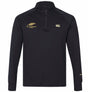 Introducing the Montgomery Yellowhammers Tempo+ 1/4 Zip Training Top by EMB Canterbury—a black, long-sleeve training top featuring a yellow “Yellowhammers Rugby” and crest on the left chest, complemented by a white Canterbury logo on the right chest. Perfect for your rugby training sessions.