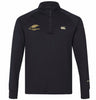 Introducing the Montgomery Yellowhammers Tempo+ 1/4 Zip Training Top by EMB Canterbury—a black, long-sleeve training top featuring a yellow “Yellowhammers Rugby” and crest on the left chest, complemented by a white Canterbury logo on the right chest. Perfect for your rugby training sessions.