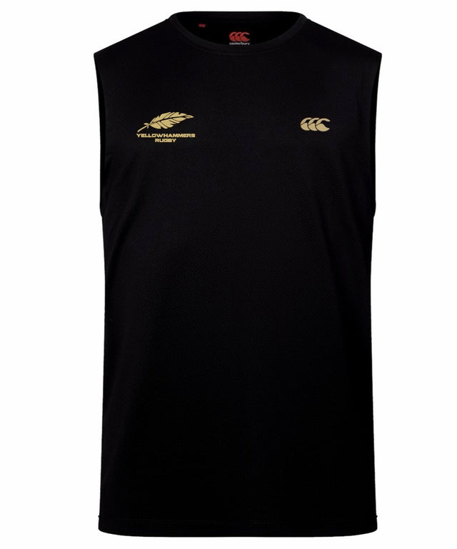 The Montgomery Yellowhammers Tempo+ Training Tank by EMB Canterbury is a sleeveless black athletic shirt with an athletic fit, featuring “Yellowhammers Rugby” and a bird logo on the left chest and the Canterbury logo on the right chest. Crafted from moisture-wicking fabric, this rugby training tank keeps you comfortable during workouts.