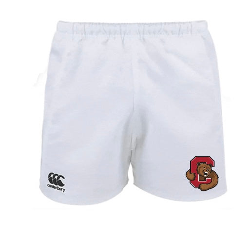White athletic shorts crafted from moisture-wicking fabric, the Cornell University Rugby Advantage Short by EMB Canterbury showcases the iconic Canterbury logo on the left leg and a striking bear mascot inside a red “C” on the right leg, inspired by classic Cornell University rugby shorts.