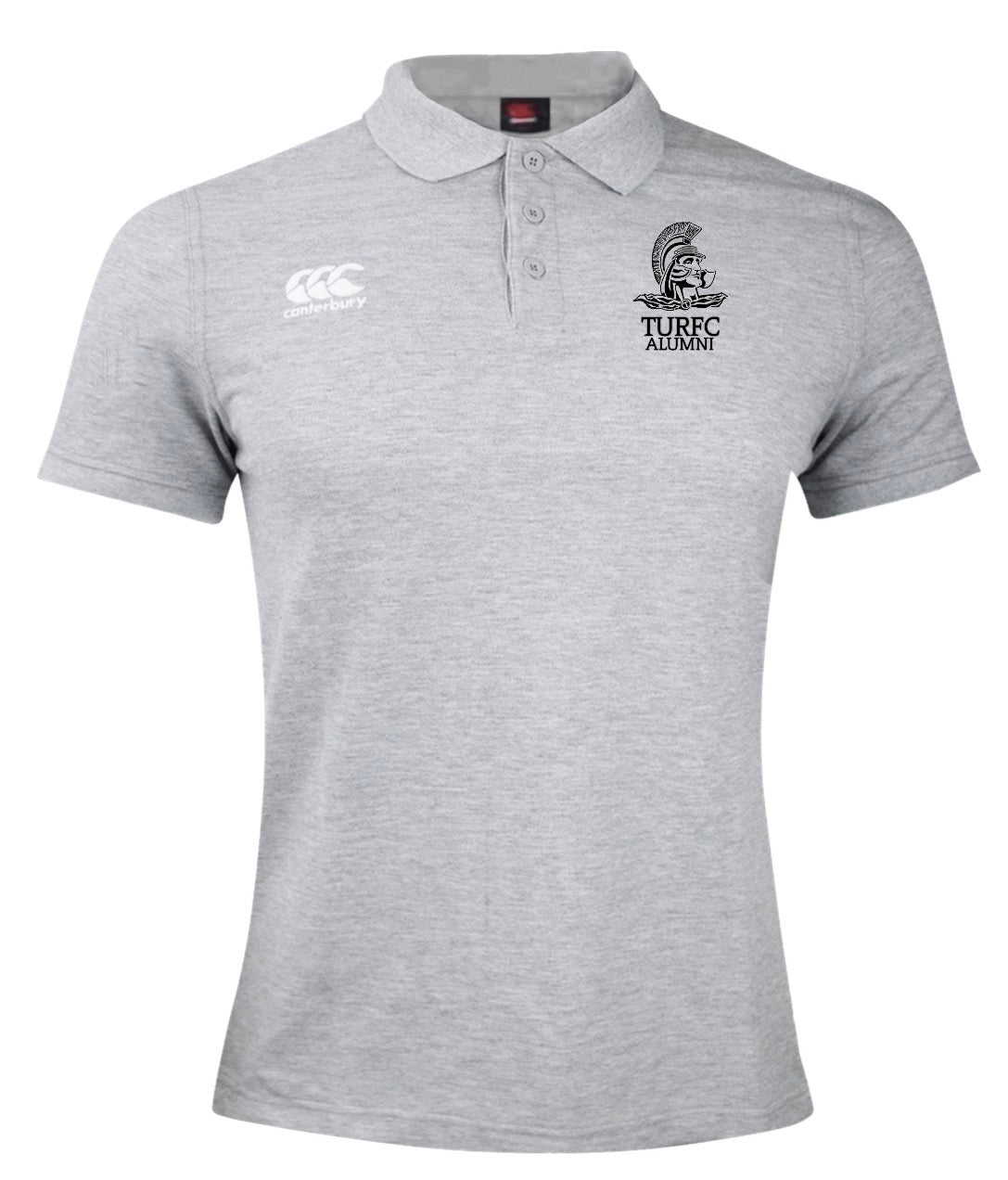 Grey EMB Canterbury University of Troy Rugby Alumni Waimak Polo with a button placket, a brand logo on the right chest, and a Trojan helmet emblem labeled “TURFC ALUMNI” on the left chest.