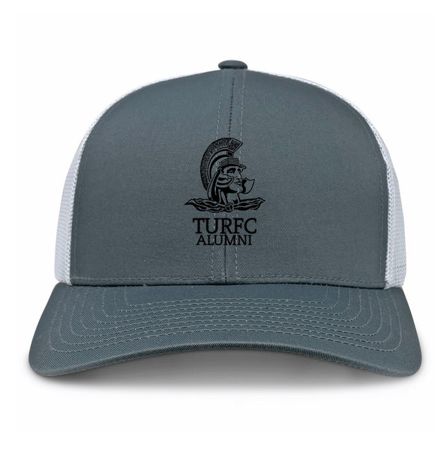 Grey and white University of Troy Rugby Alumni Retro Trucker cap featuring a black Trojan helmet logo above the text “TURFC ALUMNI.”.