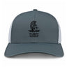 Grey and white University of Troy Rugby Alumni Retro Trucker cap featuring a black Trojan helmet logo above the text “TURFC ALUMNI.”.