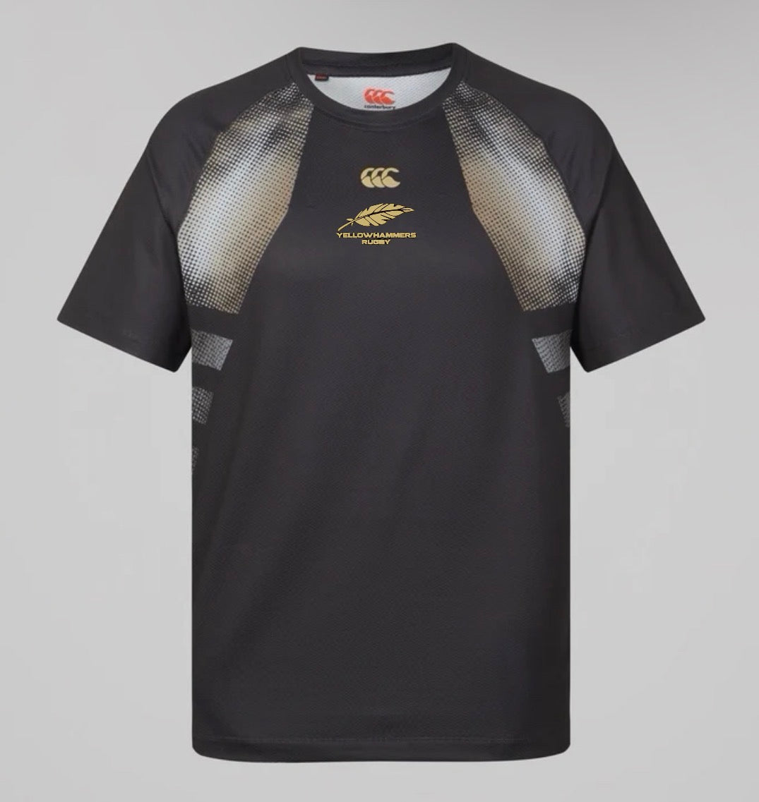 Montgomery Yellowhammers Tempo+ Training Tee by EMB Canterbury – a black athletic short-sleeve shirt featuring white gradient accents on the shoulders and a gold “TULLYVANNINERS RUGBY” logo on the chest. This moisture-wicking rugby tee is designed by Canterbury for optimal comfort and performance during every training session.