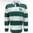 Zionsville Rugby Club Classic Long Sleeve Hooped Rugby Jersey - Green featuring horizontal green and white stripes, a white collar, and a club crest on the left chest.