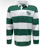 Zionsville Rugby Club Classic Long Sleeve Hooped Rugby Jersey - Green featuring horizontal green and white stripes, a white collar, and a club crest on the left chest.