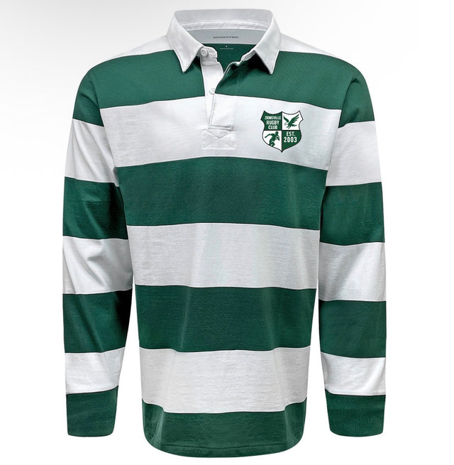Zionsville Rugby Club Classic Long Sleeve Hooped Rugby Jersey - Green featuring horizontal green and white stripes, a white collar, and a club crest on the left chest.
