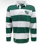 Zionsville Rugby Club Classic Long Sleeve Hooped Rugby Jersey - Green featuring horizontal green and white stripes, a white collar, and a club crest on the left chest.