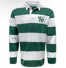 Zionsville Rugby Club Classic Long Sleeve Hooped Rugby Jersey - Green featuring horizontal green and white stripes, a white collar, and a club crest on the left chest.