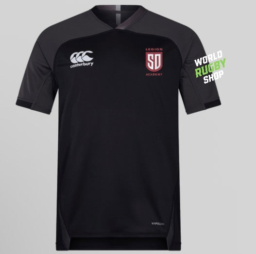 Black short-sleeved Legion Academy Rugby WRS Vapodri Evader Jersey by Canterbury with a v-neck, the Canterbury logo on the right chest, and a Legion Academy crest on the left chest.