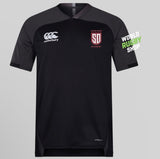 Black short-sleeved Legion Academy Rugby WRS Vapodri Evader Jersey by Canterbury with a v-neck, the Canterbury logo on the right chest, and a Legion Academy crest on the left chest.
