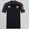 Black short-sleeved Legion Academy Rugby WRS Vapodri Evader Jersey by Canterbury with a v-neck, the Canterbury logo on the right chest, and a Legion Academy crest on the left chest.