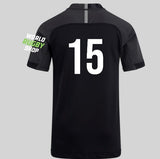 Back view of a black Legion Academy Rugby WRS Vapodri Evader Jersey by Canterbury, featuring a white number 15 on the back and a World Rugby Shop logo on the left sleeve.
