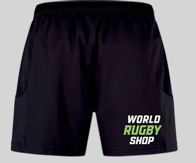 Black Legion Academy Rugby WRS Advantage 2.0 Short by Canterbury athletic shorts with “WORLD RUGBY SHOP” printed on the bottom right leg.