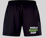 Black Legion Academy Rugby WRS Advantage 2.0 Short by Canterbury athletic shorts with “WORLD RUGBY SHOP” printed on the bottom right leg.