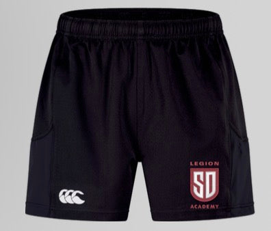 Black Legion Academy Rugby WRS Advantage 2.0 Short by Canterbury featuring a white logo on the right leg and a shield emblem on the left.