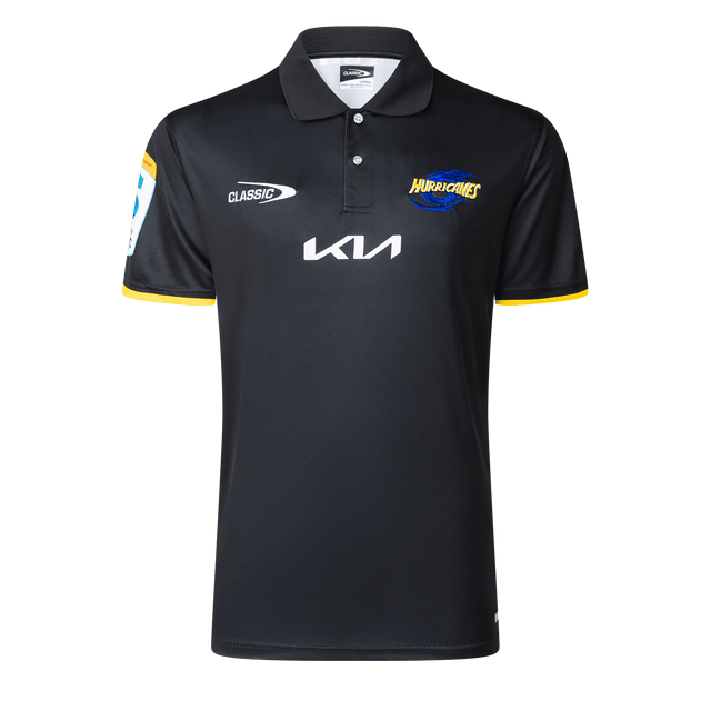 The Hurricanes Super Rugby 25/26 Team Polo by Classic Sportswear, showcasing the Kia and Classic Sportswear logos on the chest, features the "Hurricanes Super Rugby" emblem on the right side.