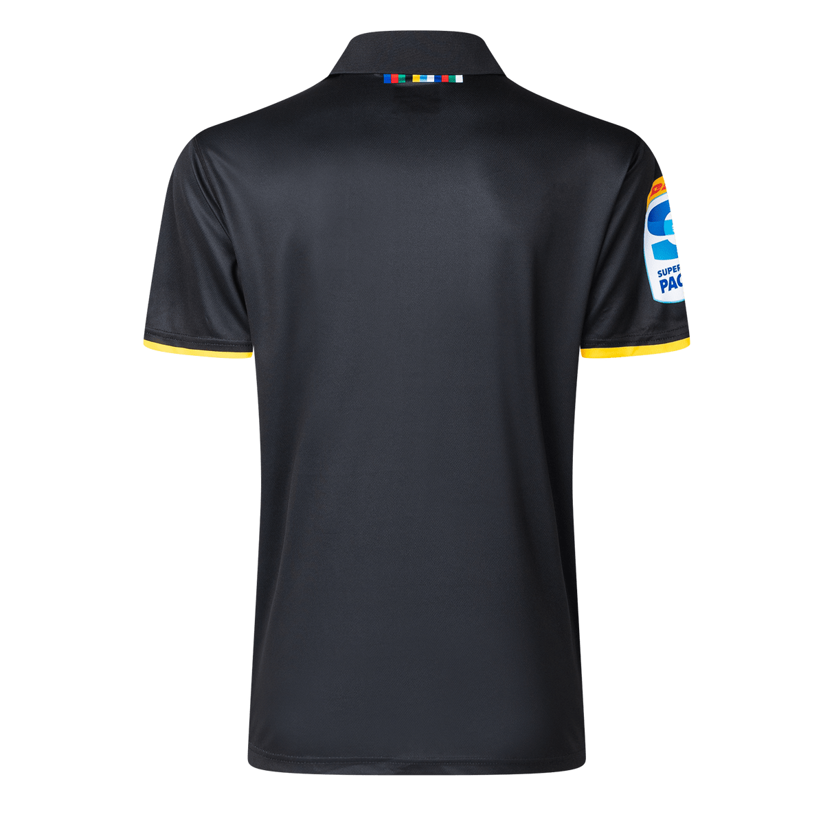 Back view of the Hurricanes Super Rugby 25/26 Team Polo by Classic Sportswear in dark with colorful collar stripes and the Hurricanes Super Rugby logo on the right sleeve, echoing classic sportswear style.