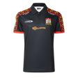 Black Gallagher Chiefs Super Rugby 25/26 Team Polo from Classic Sportswear with a colorful shoulder design, made from moisture-wicking fabric. It showcases logos for Classic, Gallagher, and Chiefs Super Rugby.