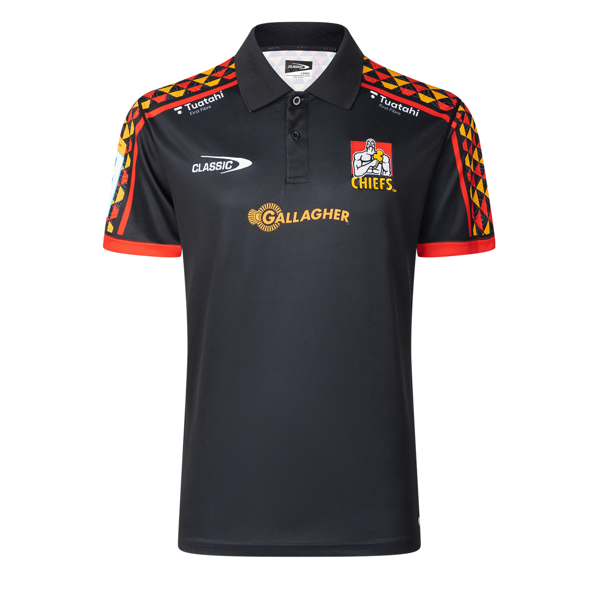 Black Gallagher Chiefs Super Rugby 25/26 Team Polo from Classic Sportswear with a colorful shoulder design, made from moisture-wicking fabric. It showcases logos for Classic, Gallagher, and Chiefs Super Rugby.