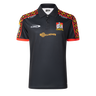 Black Gallagher Chiefs Super Rugby 25/26 Team Polo from Classic Sportswear with a colorful shoulder design, made from moisture-wicking fabric. It showcases logos for Classic, Gallagher, and Chiefs Super Rugby.