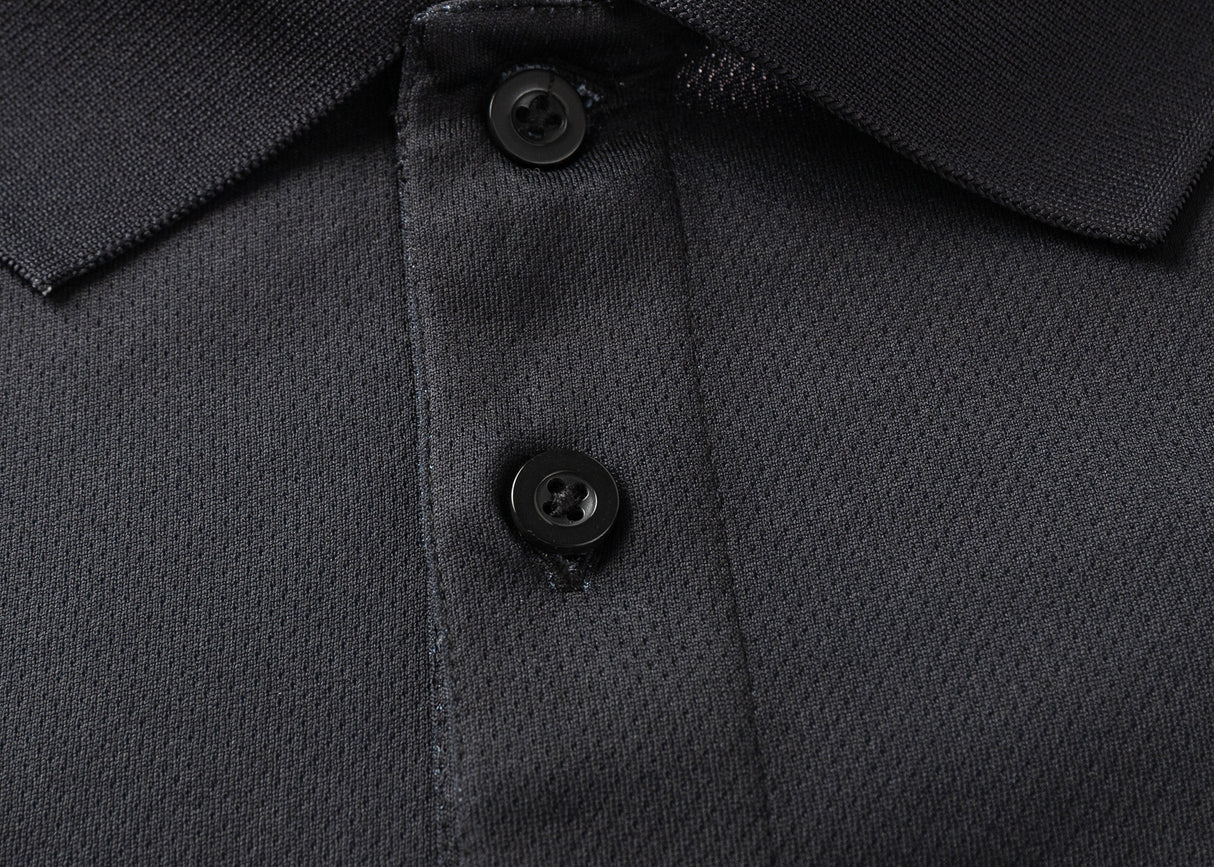 Close-up of the Gallagher Chiefs Super Rugby 25/26 Team Polo by Classic Sportswear, a black polo shirt with two buttons fastened, crafted from moisture-wicking fabric.