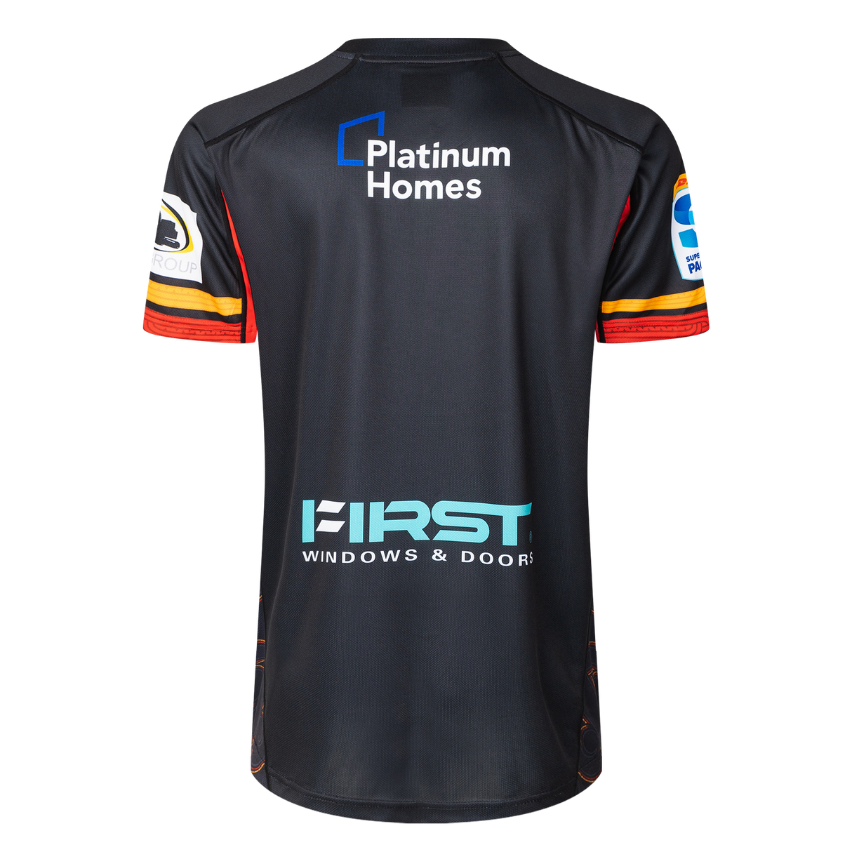 Back view of the Gallagher Chiefs Super Rugby Replica Home Jersey 25/26 by Classic Sportswear, showcasing "Platinum Homes" and "First Windows & Doors" logos, adorned with Super Rugby flair in red and gold accents on the sleeves.