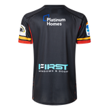Back view of the Gallagher Chiefs Super Rugby Replica Home Jersey 25/26 by Classic Sportswear, showcasing "Platinum Homes" and "First Windows & Doors" logos, adorned with Super Rugby flair in red and gold accents on the sleeves.