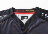 A close-up of the black Gallagher Chiefs Super Rugby Replica Home Jersey 25/26 by Classic Sportswear, featuring grey patterns and "HE PIKO HE TANIWHA" on the inside collar. The label reads "Classic, Large, Made in China," embodying the Chiefs' spirit.
