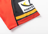 Close-up of a Gallagher Chiefs Super Rugby Replica Home Jersey 25/26 by Classic Sportswear, featuring Māori-inspired yellow and orange stripes, with a silhouette logo and "PORTER" in bold letters.