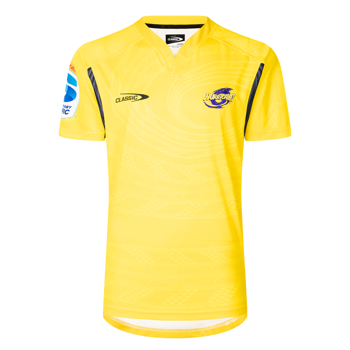 The Hurricanes Super Rugby 25/26 Replica Home Jersey by Classic Sportswear is a yellow sports jersey showcasing a blue and white logo on the left chest and "CLASSIC" on the right, perfect for passionate fans supporting their team.