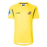 The Hurricanes Super Rugby 25/26 Replica Home Jersey by Classic Sportswear is a yellow sports jersey showcasing a blue and white logo on the left chest and "CLASSIC" on the right, perfect for passionate fans supporting their team.