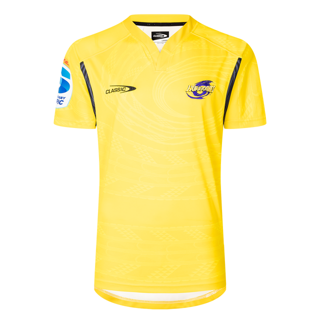 The Hurricanes Super Rugby 25/26 Replica Home Jersey by Classic Sportswear is a yellow sports jersey showcasing a blue and white logo on the left chest and "CLASSIC" on the right, perfect for passionate fans supporting their team.