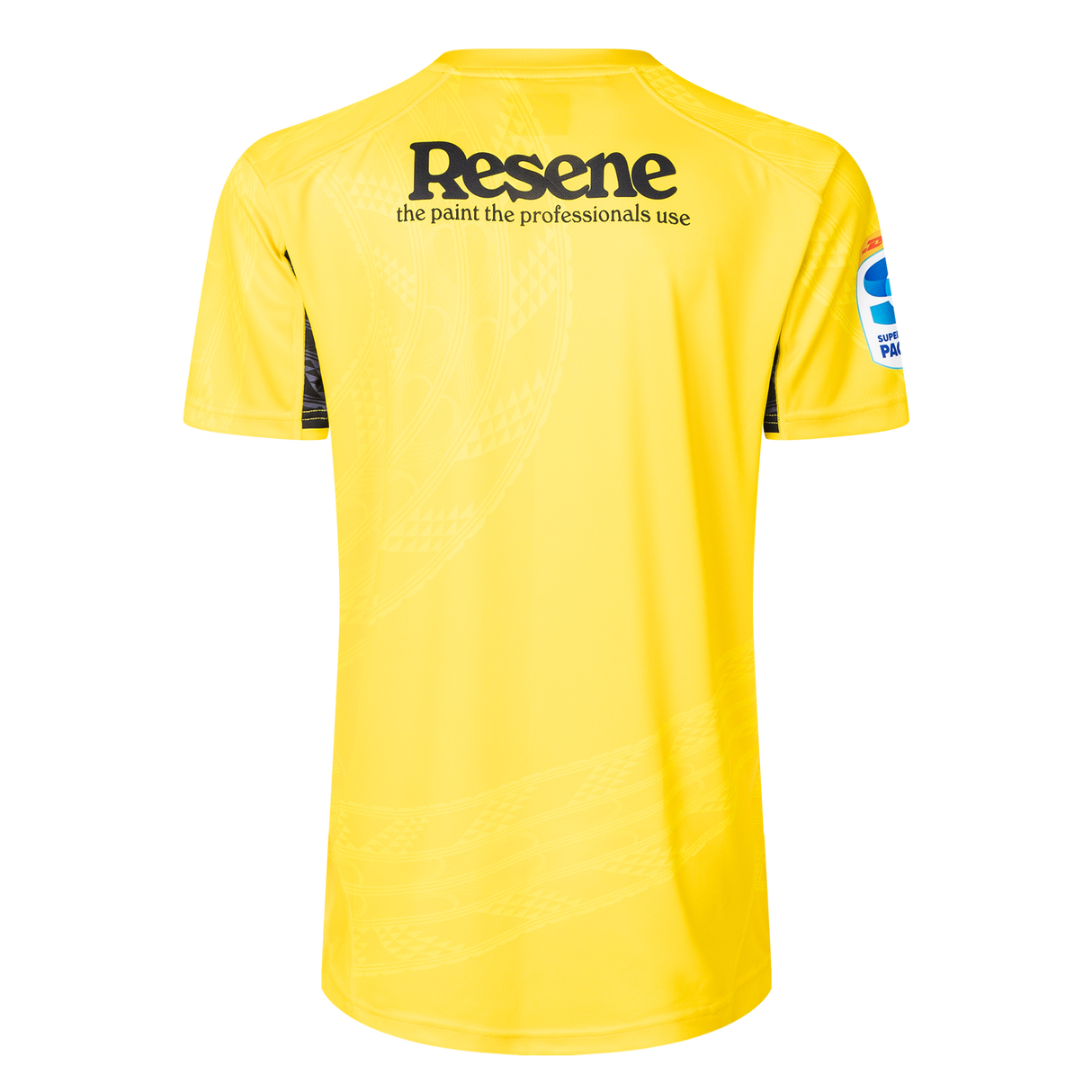The Hurricanes Super Rugby 25/26 Replica Home Jersey by Classic Sportswear is a yellow jersey featuring the "Resene" sponsor logo on the upper back and a right sleeve with a blue, red, and white pattern typical of the Hurricanes style.