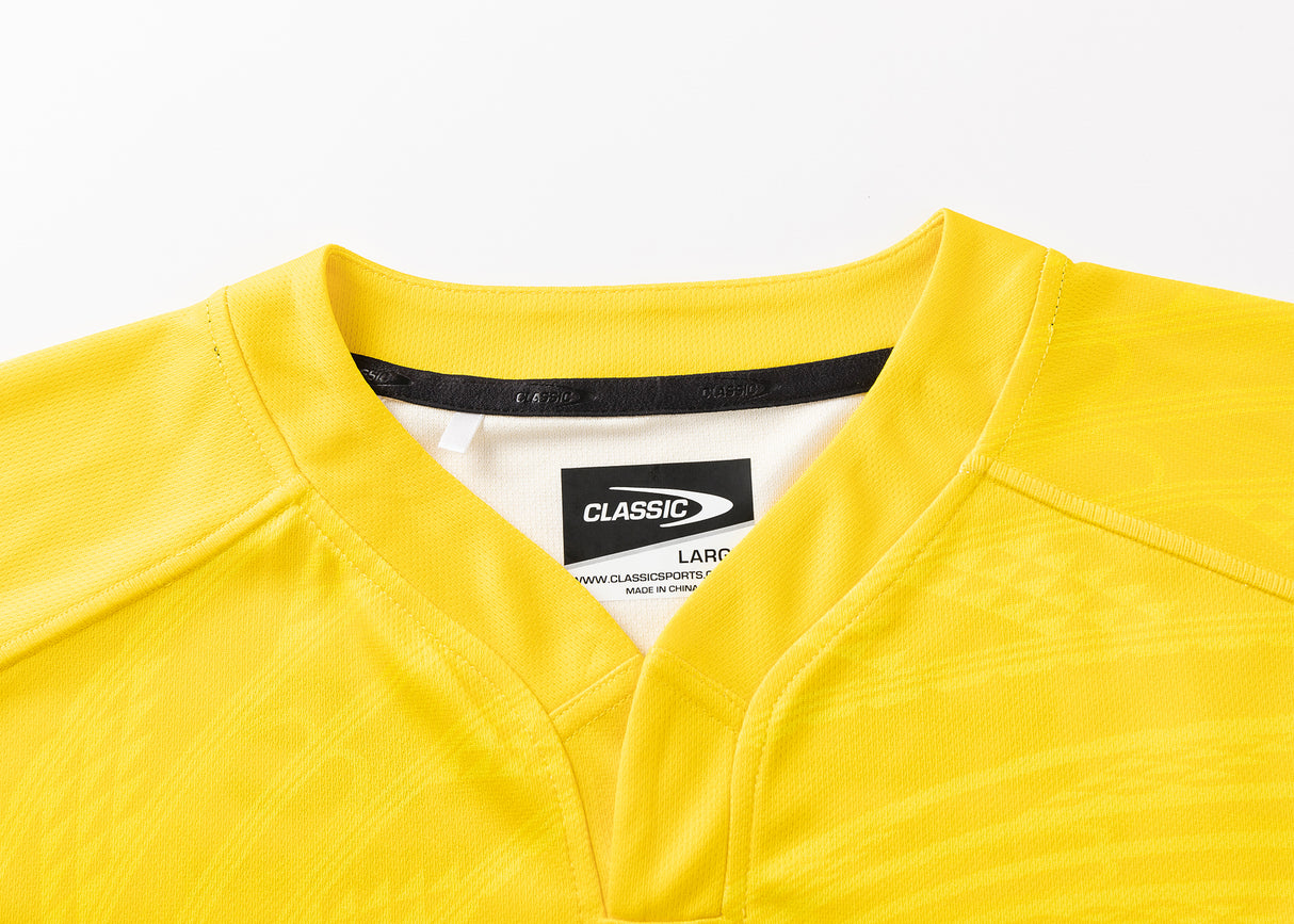 Yellow V-neck jersey in size large, with a black and white "Classic Sportswear" label inside. Named the Hurricanes Super Rugby 25/26 Replica Home Jersey by Classic Sportswear, it is marked "Made in Peru.