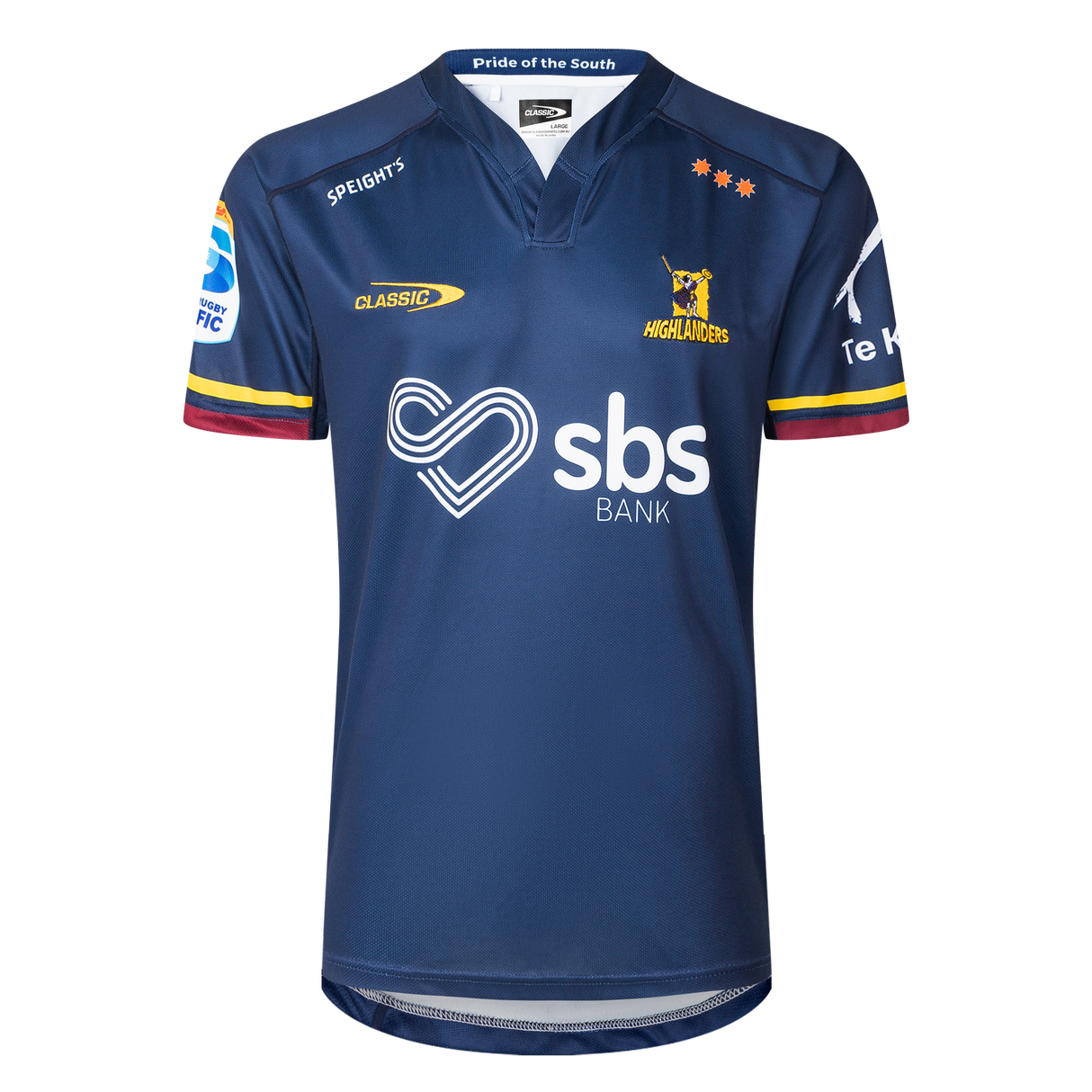 Support your team in the Highlanders Super Rugby 25/26 Replica Home Jersey by Classic Sportswear. This blue jersey showcases the "Highlanders" logo, sponsors (SBS Bank, Classic, Speight's Pacific), three stars, and "Pride of the South" on the collar. The moisture-wicking fabric ensures comfort and coolness.