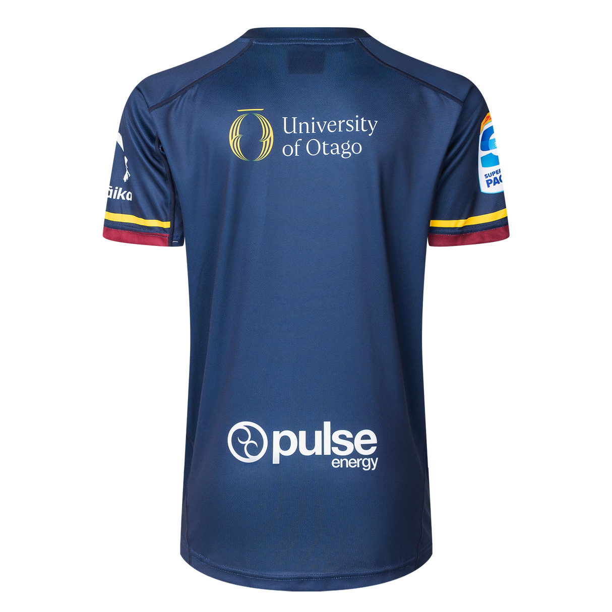 The Highlanders Super Rugby 25/26 Replica Home Jersey by Classic Sportswear features "University of Otago" and "Pulse Energy" logos on the back. Its blue, moisture-wicking fabric ensures comfort for fans cheering in the stands or on the go.