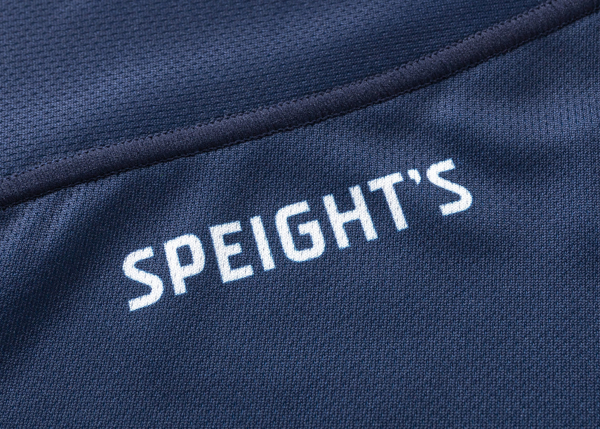 Close-up of navy blue fabric with the word "SPEIGHT'S" in white, showcasing the Highlanders Super Rugby 25/26 Replica Home Jersey by Classic Sportswear.