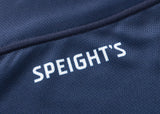 Close-up of navy blue fabric with the word "SPEIGHT'S" in white, showcasing the Highlanders Super Rugby 25/26 Replica Home Jersey by Classic Sportswear.