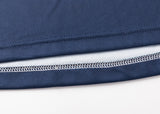 Close-up of the hem of a blue fabric resembling the Highlanders Super Rugby 25/26 Replica Home Jersey by Classic Sportswear, highlighting detailed stitching and a white inner lining with moisture-wicking technology.