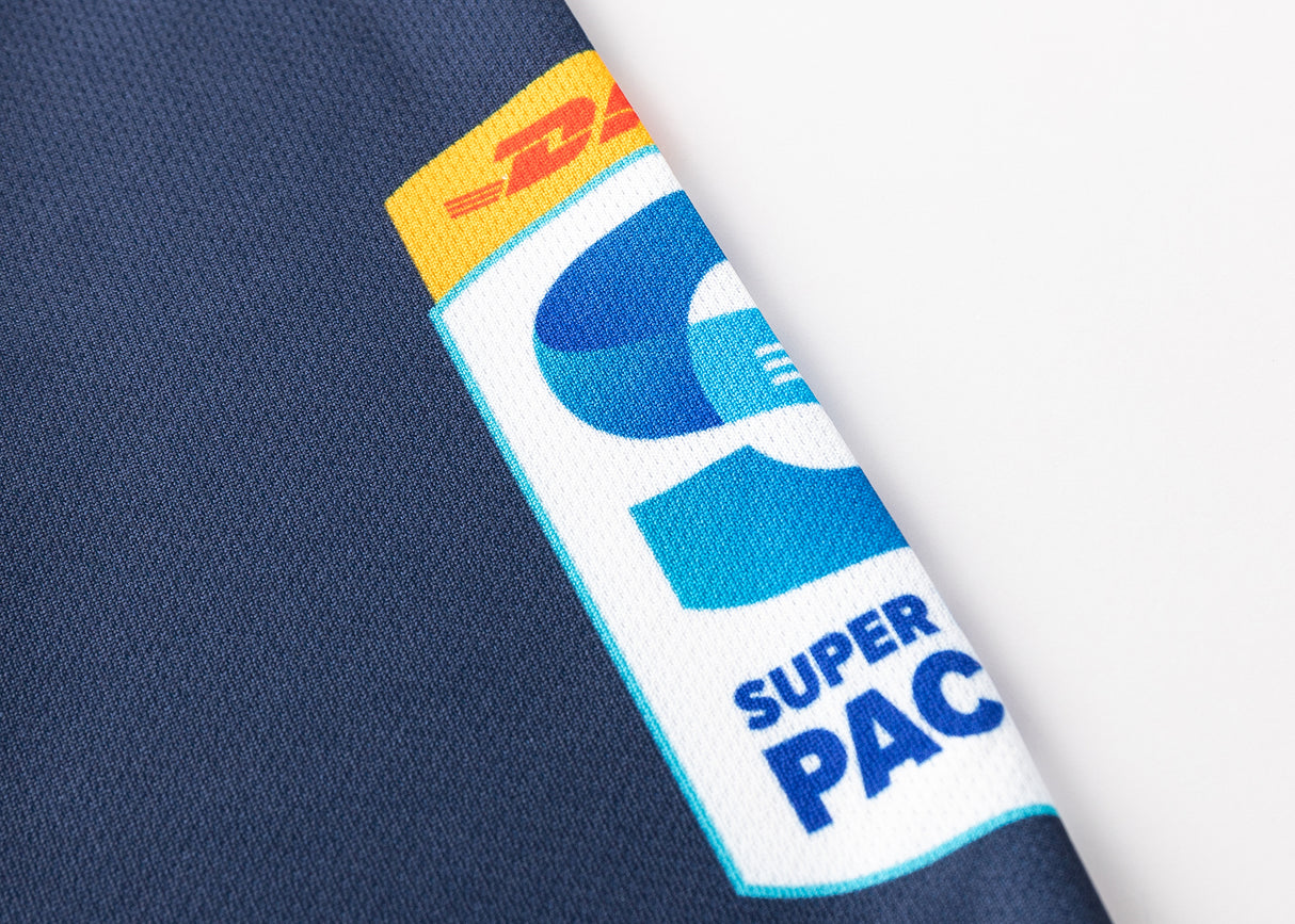 The Highlanders Super Rugby 25/26 Replica Home Jersey by Classic Sportswear captures authenticity with navy blue moisture-wicking fabric and DHL and Super Rugby Pacific logos on the sleeve.