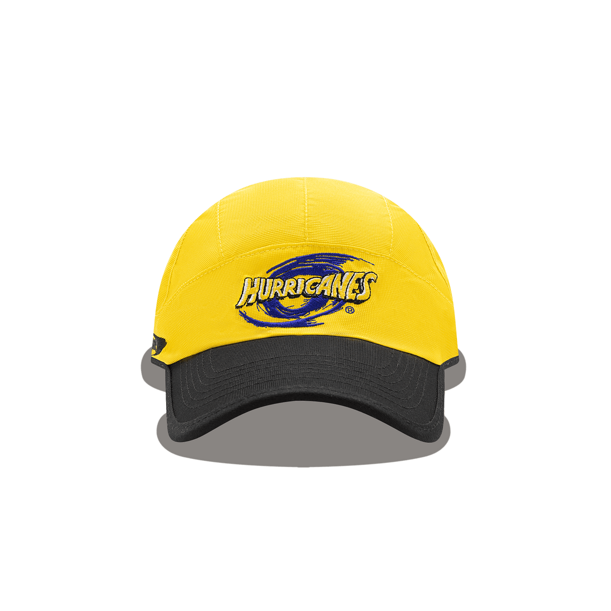The Hurricanes Super Rugby 25/26 Training Cap by Classic Sportswear is a stylish yellow baseball cap with a black brim, featuring a blue swirl and "HURRICANES" on the front, perfect for fans and versatile for training sessions.