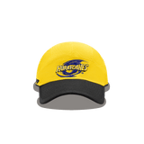 The Hurricanes Super Rugby 25/26 Training Cap by Classic Sportswear is a stylish yellow baseball cap with a black brim, featuring a blue swirl and "HURRICANES" on the front, perfect for fans and versatile for training sessions.