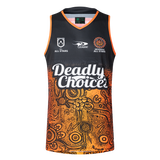 The NRL Indigenous All Stars 25/26 Pro Training Singlet by Classic Sportswear showcases "Deadly Choice" text and eye-catching Aboriginal art patterns in orange and black, celebrating the spirit of the All Stars.