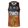The NRL Indigenous All Stars 25/26 Pro Training Singlet by Classic Sportswear showcases "Deadly Choice" text and eye-catching Aboriginal art patterns in orange and black, celebrating the spirit of the All Stars.